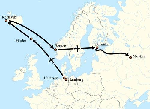 Маршрут Матиаса Руста в мае 1987 года. Источник: wikimedia.org