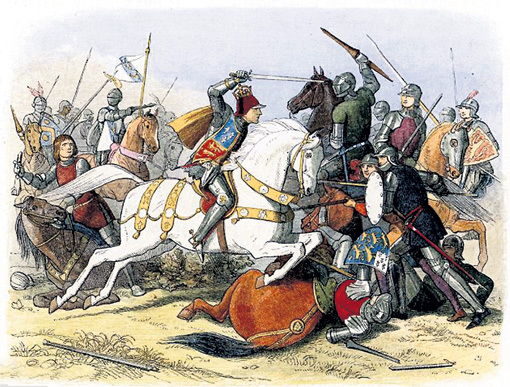 В битве при Босуорте Ричард III (на белом коне) пал от рук воинов Генриха ТЮДОРА, следующего короля Англии
